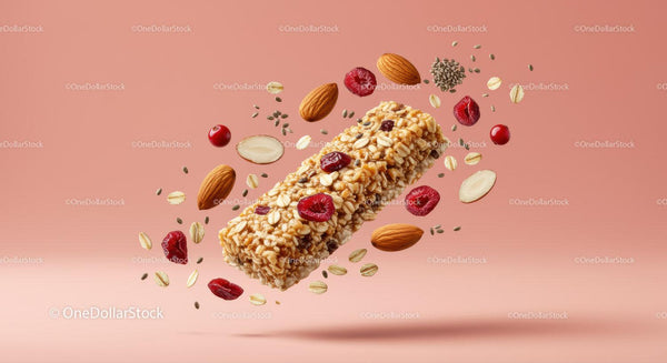 Batony granola z orzechami i suszonymi jagodami na różowym tle