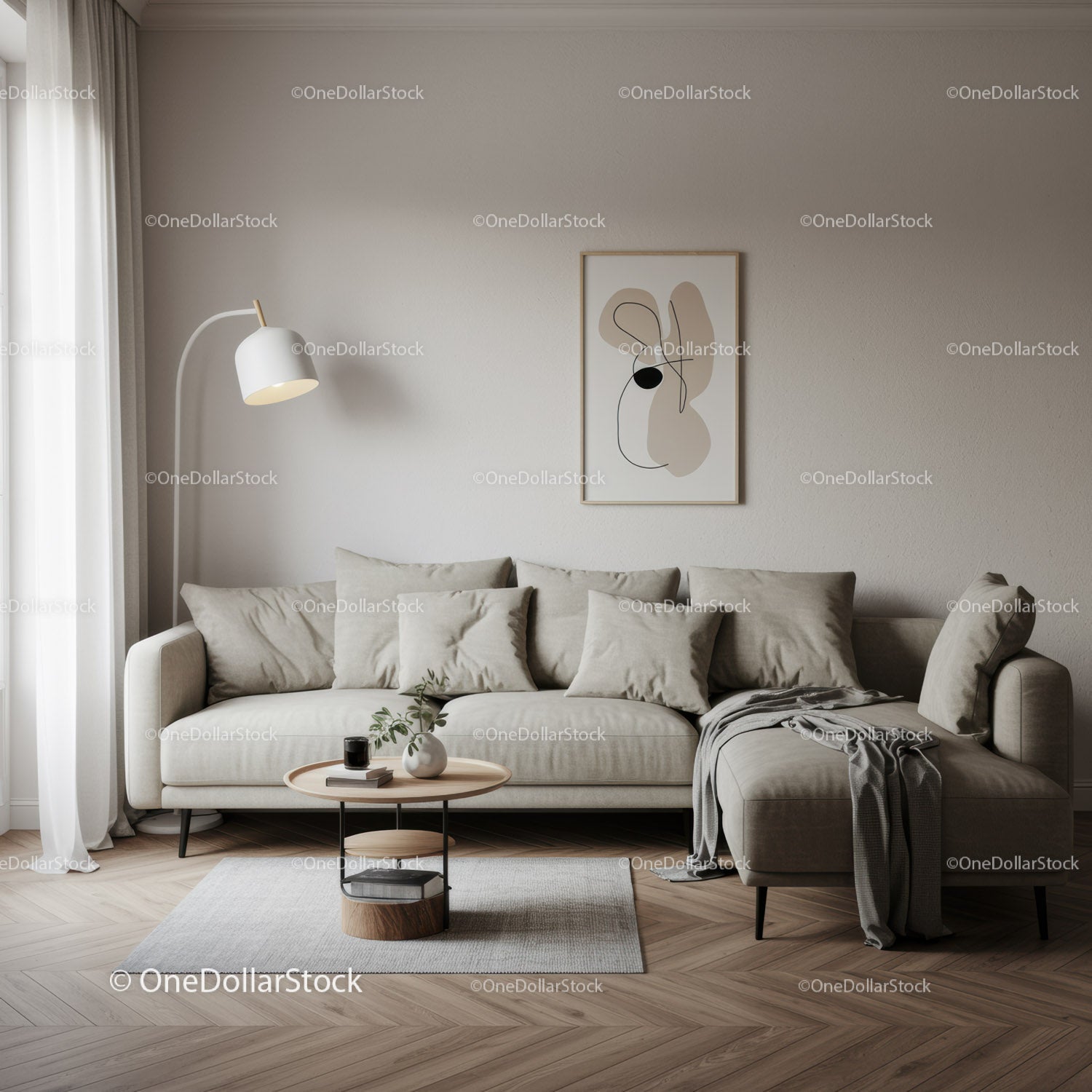 Elegancki, neutralny salon z beżową sofą i abstrakcyjną grafiką ścienną