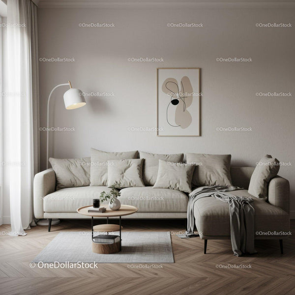 Elegant Neutral Living Room with Beige Sofa and Abstract Wall Art