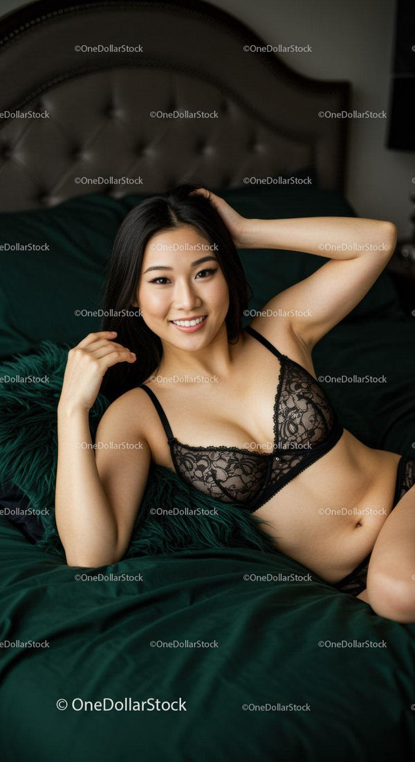 Smiling woman relaxing on emerald green bed in black lingerie