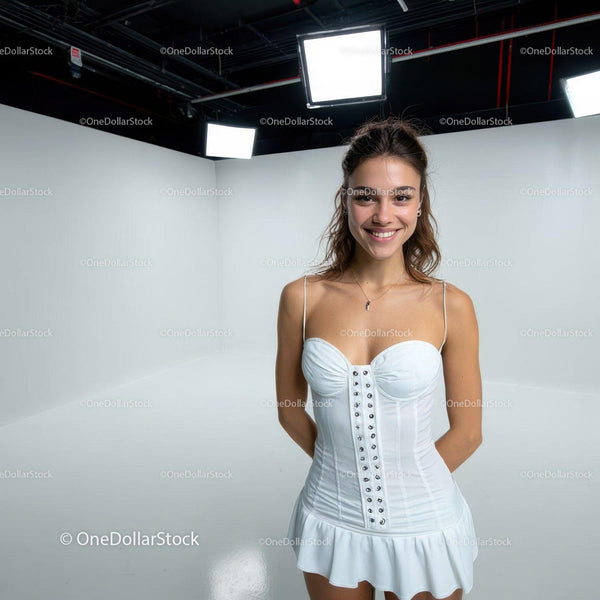 Young Woman Smiling in White Dress in Studio Environment