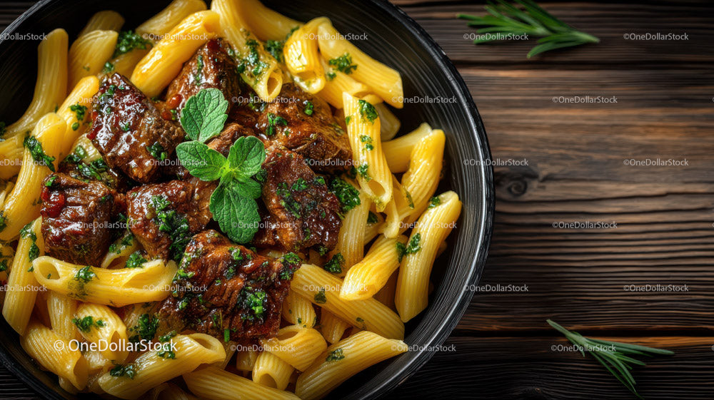 Beef Stroganoff with Mushrooms and Fettuccine on Wooden Table