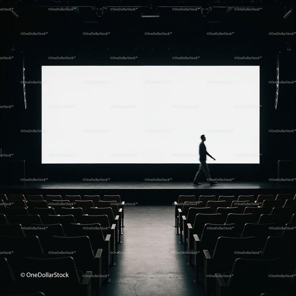 Silhouette of man walking on empty cinema stage JPG Mockup Image
