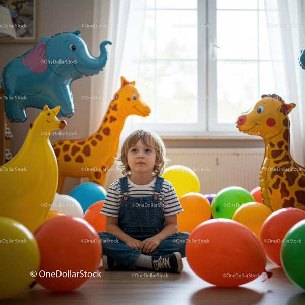 Zamyslone dziecko siedzące wśród kolorowych balonów na przyjęcie