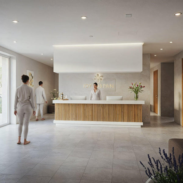 Serene Spa Reception with Staff in White Attire JPG Mockup Image
