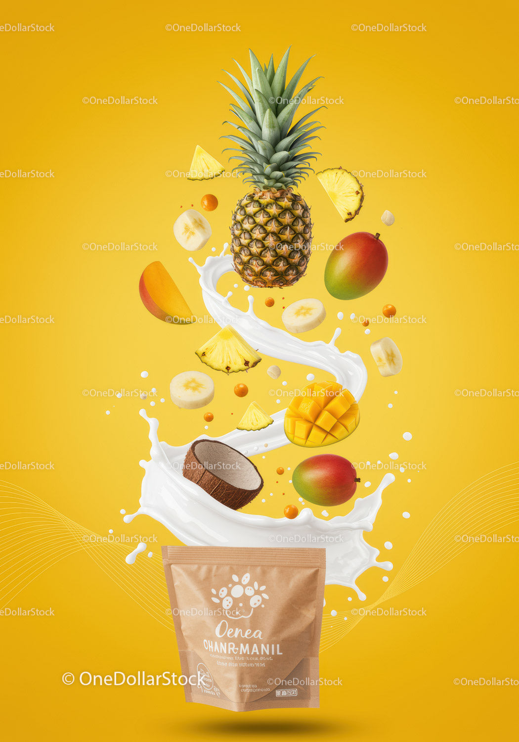 Tropical fruit blend with splash of milk on yellow background