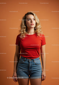 Curly blonde woman in red shirt and denim shorts