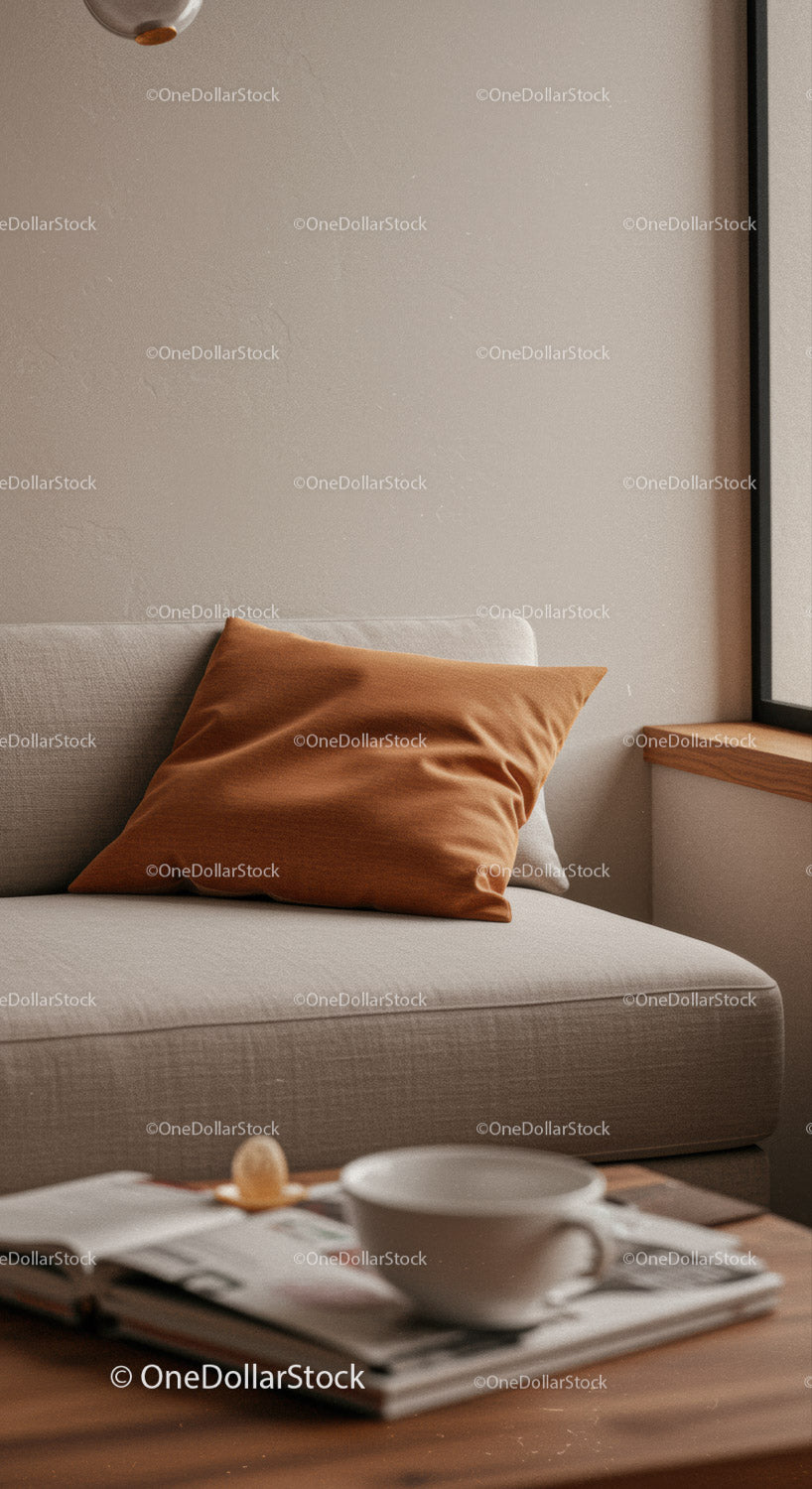 Przytulny, neutralny salon z beżową sofą i pomarańczową poduszką