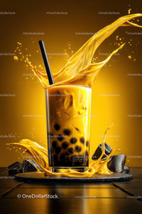 Colorful Bubble Tea with Splashing Yellow Liquid and Ice Cubes