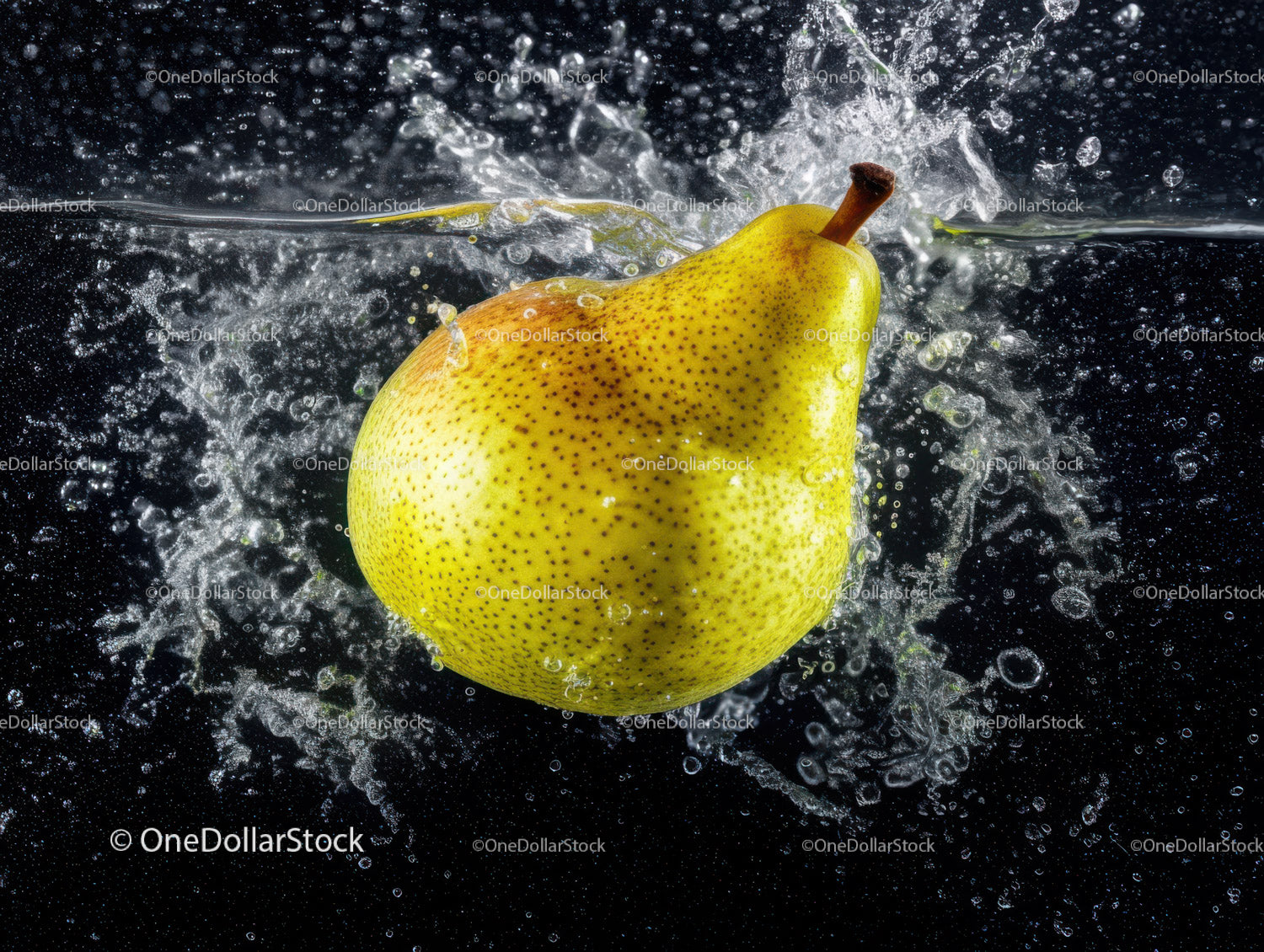 Yellow Pear Splashing Water in Motion on Black Background