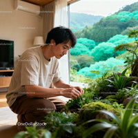 Man tending indoor garden with serene mountain view