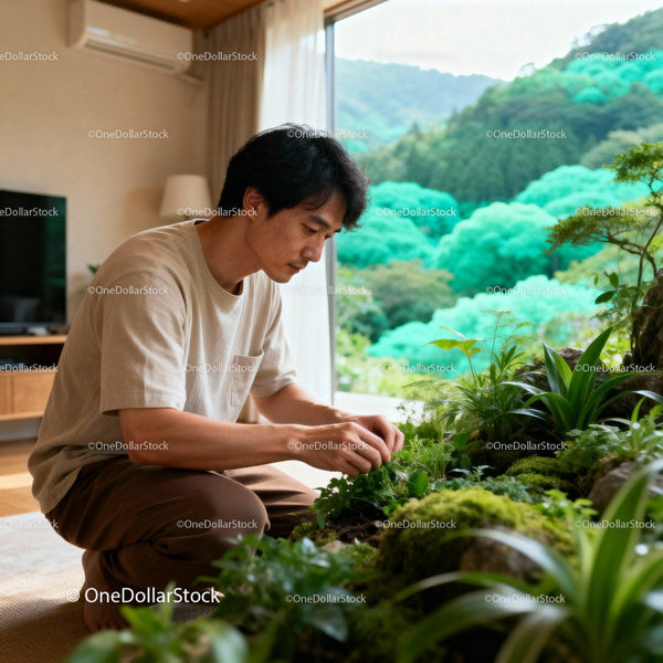 Man tending indoor garden with serene mountain view