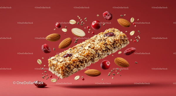 Baton granola z orzechami i jagodami z unoszącymi się składnikami