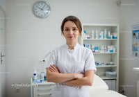Confident Female Healthcare Professional Standing in Modern Medical Clinic