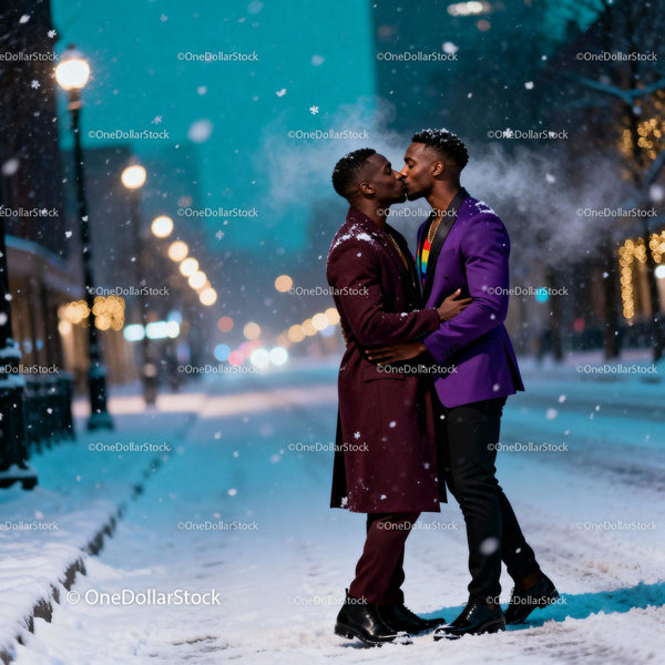 Couple sharing a romantic kiss on snowy city street