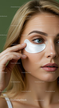 Close-up of a woman applying under-eye patches in beauty skincare routine