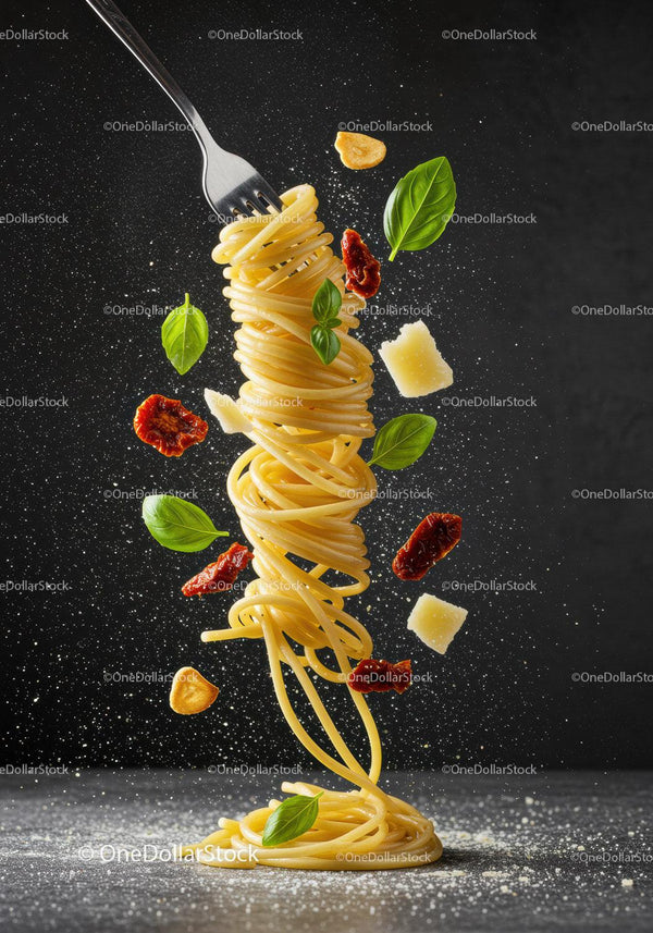 Fork twirling spaghetti with basil and parmesan shavings