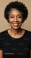 Happy Mature Woman with Curly Hair and Warm Smile in Portrait