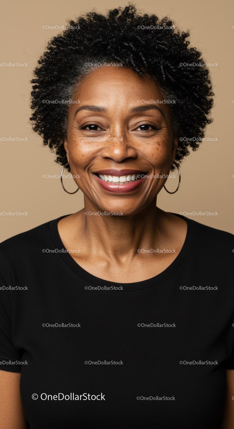 Happy Mature Woman with Curly Hair and Warm Smile in Portrait