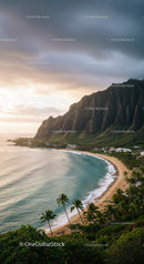 Tropical Beach with Green Mountain Cliffs and Ocean Coastline