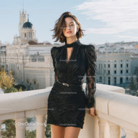 Stylish Woman in Black Lace Dress on Urban Rooftop Scene