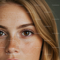 Close up of a freckled young woman with natural beauty