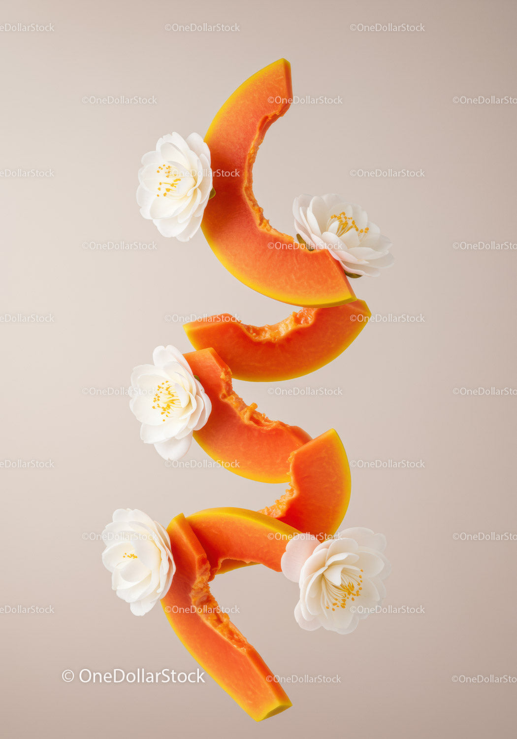 Slices of ripe papaya with white flowers still life