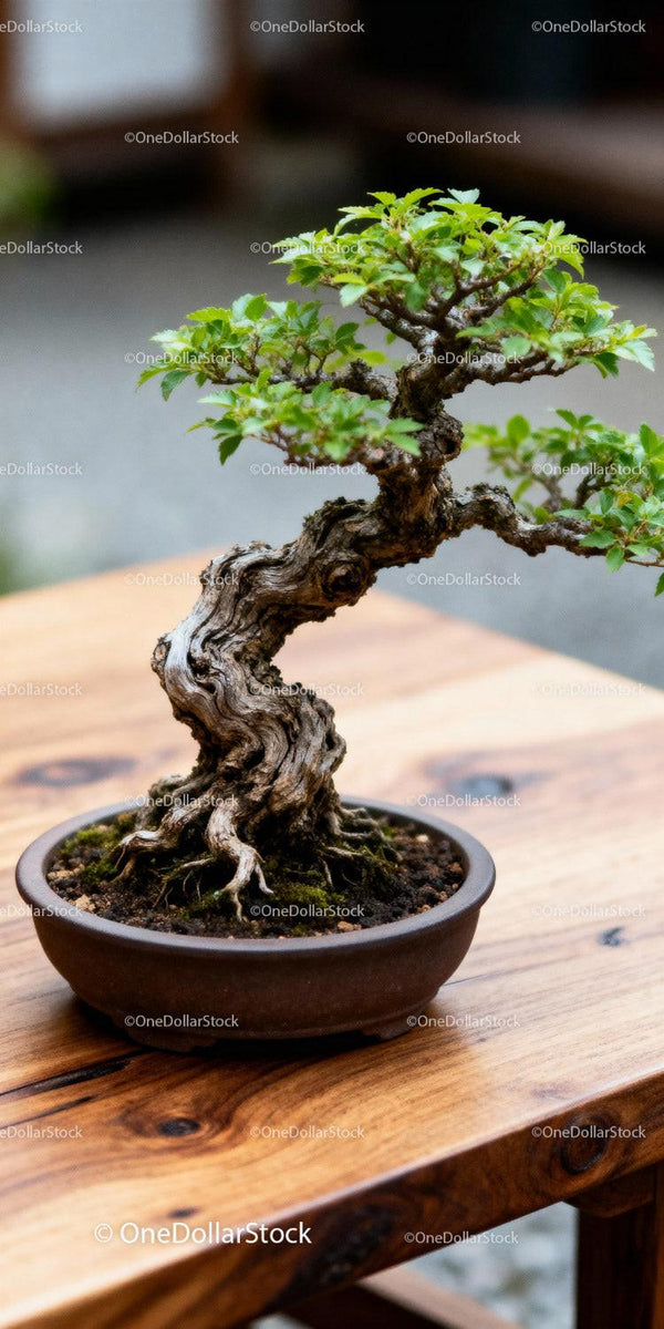 Skręcony Bonsai z Świeżymi Zielonymi Liśćmi na Drewnianym Stole