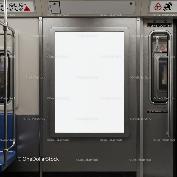 Empty lightbox ad panel inside modern subway train JPG Mockup Image