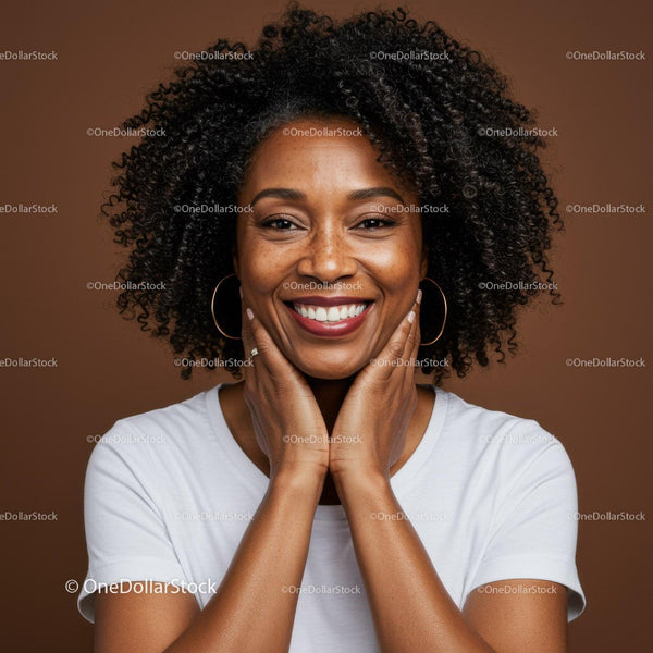 Happy Woman with Curly Hair Wearing White T-Shirt and Hoop Earrings