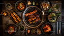 Korean BBQ with assorted side dishes and grilled meat