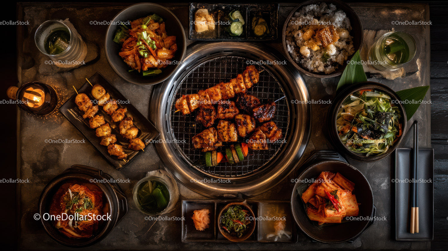 Korean BBQ with assorted side dishes and grilled meat