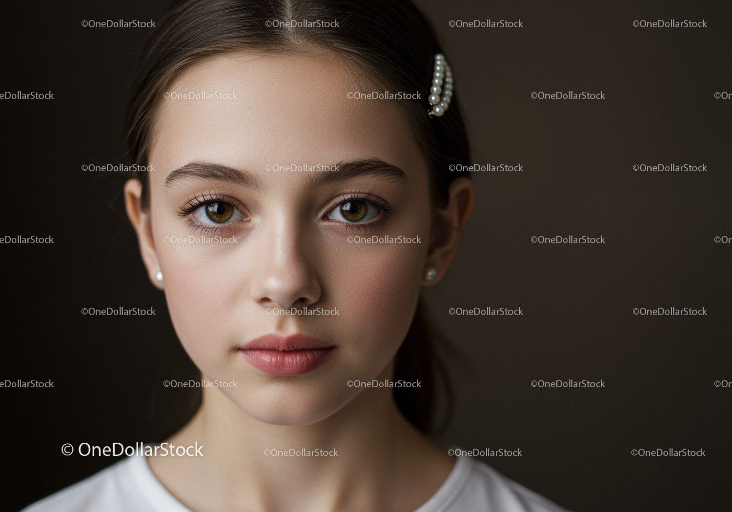 Portret dziewczyny z brązowymi oczami i elegancką perłową ozdobą do włosów