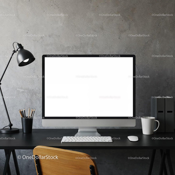 Modern minimalist workspace with blank computer screen JPG Mockup Image