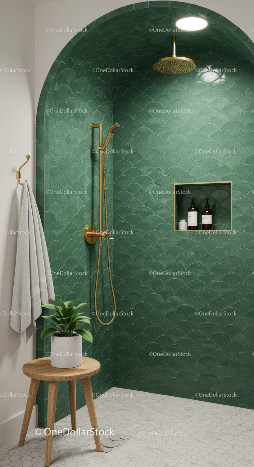 Modern bathroom with green tiled shower and gold fixtures