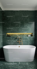 Luxurious Green Marble Bathroom with Gold Fixtures and Freestanding Tub
