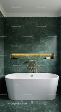 Luxurious Green Marble Bathroom with Gold Fixtures and Freestanding Tub