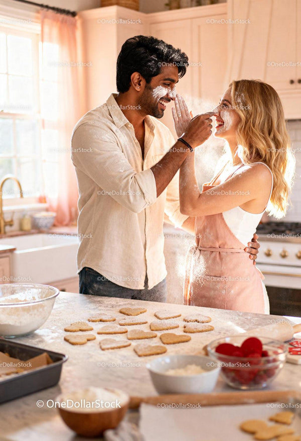 Couple Playfully Baking Heart Cookies in Sunlit Kitchen