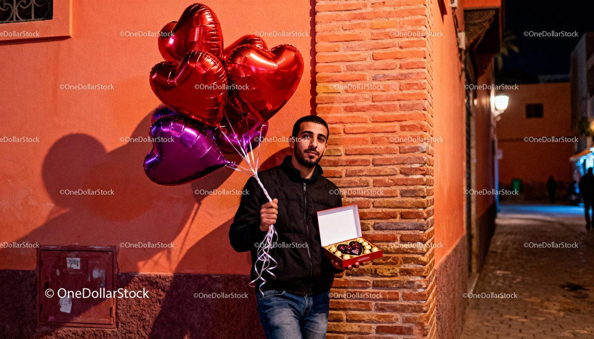 Man Holding Heart Balloons and Chocolates on Romantic Evening