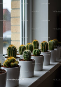 Collection of Green Cacti in White Pots on Windowsill