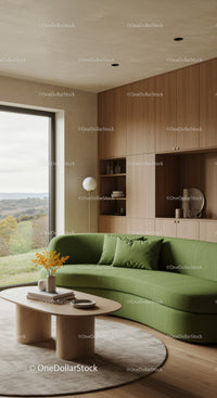 Cozy modern living room with green curved sofa and wood