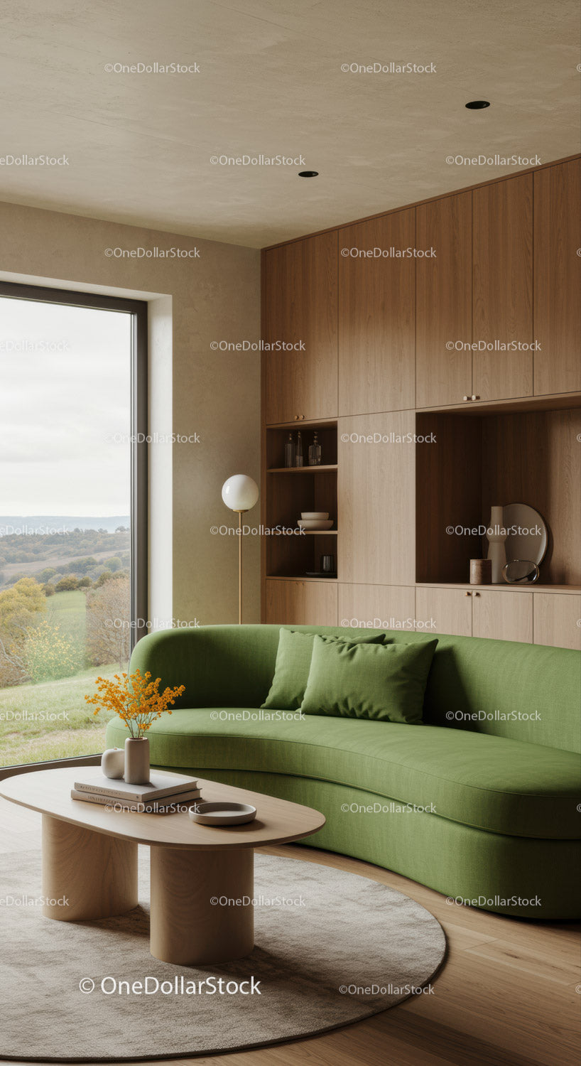 Przytulny, nowoczesny salon z zieloną, wygiętą sofą i drewnem
