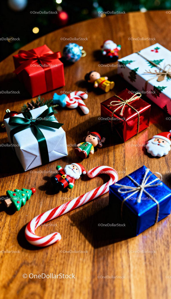 Festive Christmas gifts and candy canes on wooden table