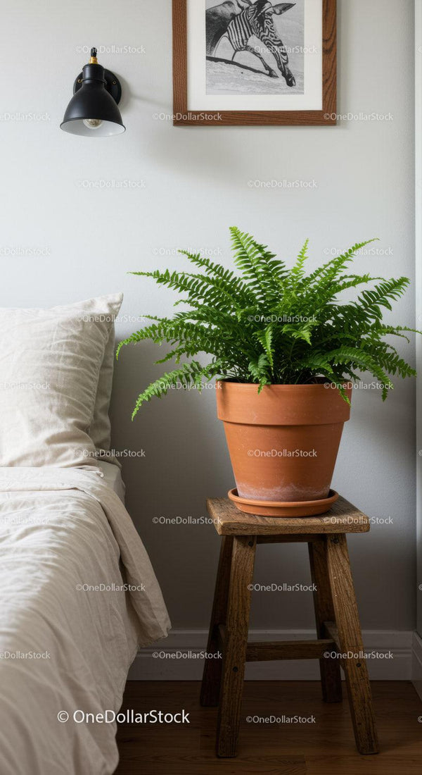 Indoor Potted Fern on Wooden Stool in Modern Bedroom Scene