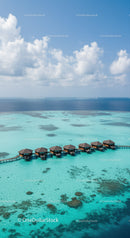 Overwater Bungalows Floating in Clear Turquoise Ocean Under Blue Sky