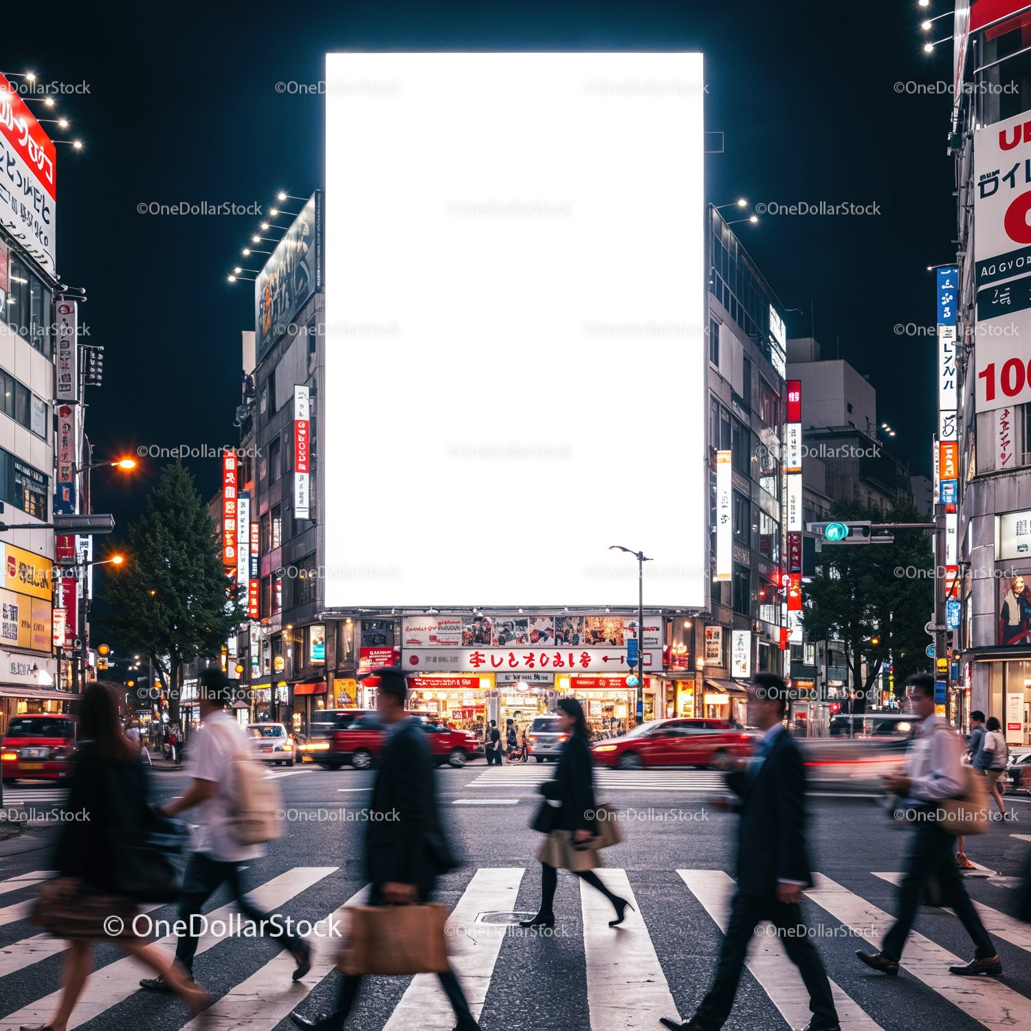 Busy pedestrians crossing city street at night in urban area