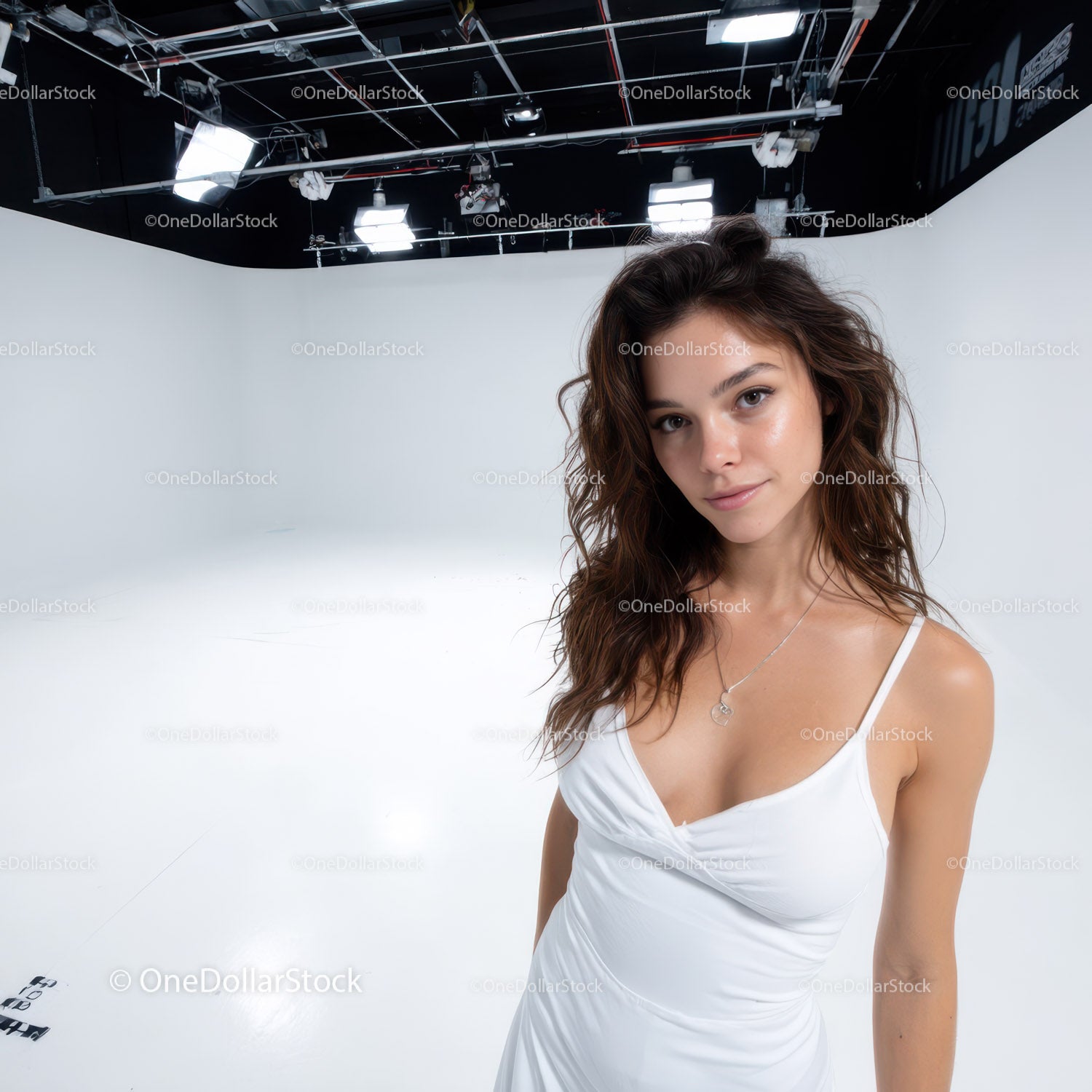 Beautiful Young Woman in White Dress in Studio with Black Background