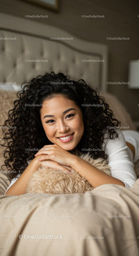 Young woman relaxing on bed with cozy pillow