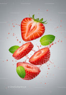 Fresh sliced strawberry with mint leaves and splash