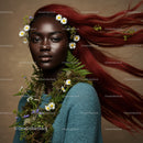 Elegant Portrait of a Woman with Flowing Red Hair and Botanical Accessories